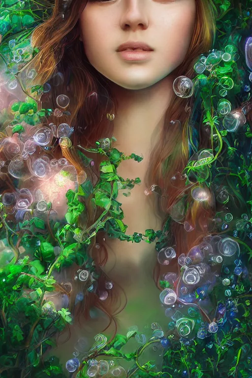 Image similar to elaborately ultradetailed close up portrait of an extremely beautiful girl surrounded by beautiful vines, flowers, a mist and ethereal rainbow bubbles, digital art painting, concept art, poster art, smooth, sharp focus, Aetherpunk, atmospheric lightning, highly detailed illustration highlights, Exquisite 8K detail post-processing, award winning picture, sense of awe, featured on DeviantArt