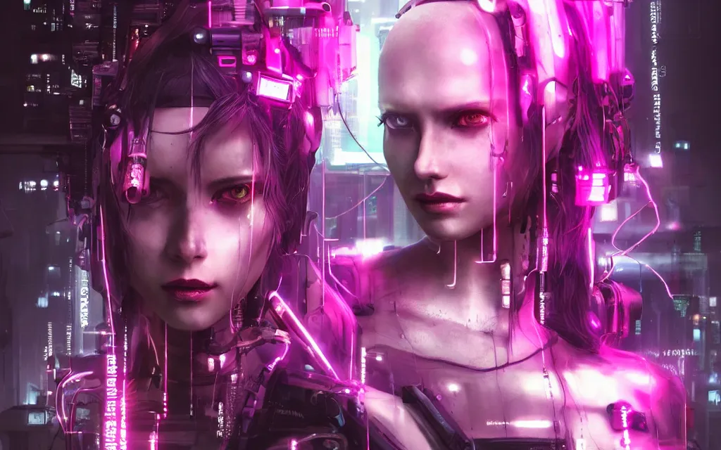 Prompt: A scary cyberpunk portrait of a cute woman, wires, LEDs, robot, cyborg, android, detailed, textured, Artstation:6, Blade Runner, Ghost in the Shell, Alita Battle Angel, Cyberpunk 2077, Borg, Pinterest:4 hair, pink:-6
