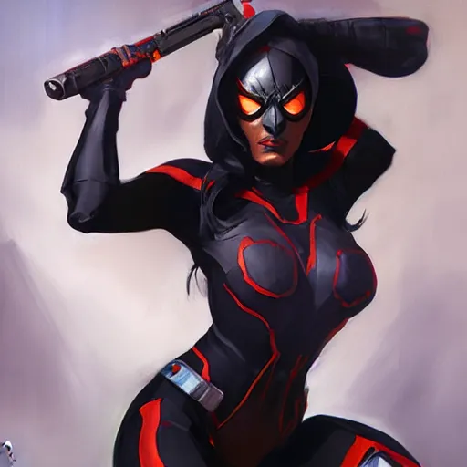 Image similar to greg manchess portrait painting of a dark female iron spiderman as overwatch character, medium shot, asymmetrical, profile picture, organic painting, sunny day, matte painting, bold shapes, hard edges, street art, trending on artstation, by huang guangjian, gil elvgren, ruan jia, greg rutkowski, gaston bussiere