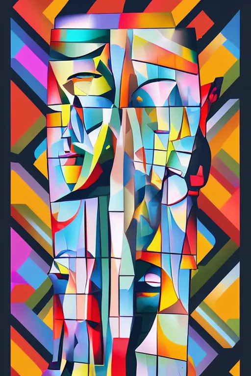 Image similar to cubist moai statue cutout digital illustration cartoon colorful beeple