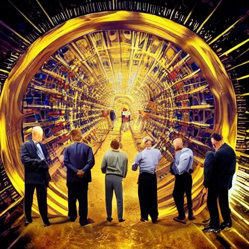 Prompt: Joe Biden and a group of demons crawling out of The Large Hadron Collider at cern 4k ultra high quality surrealism