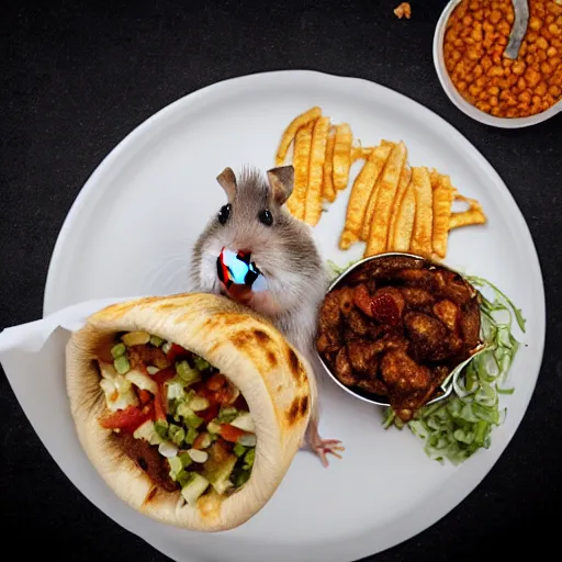 Image similar to detailed photo of a hamster eating a kebab, various poses, full body, daylight, 8 k