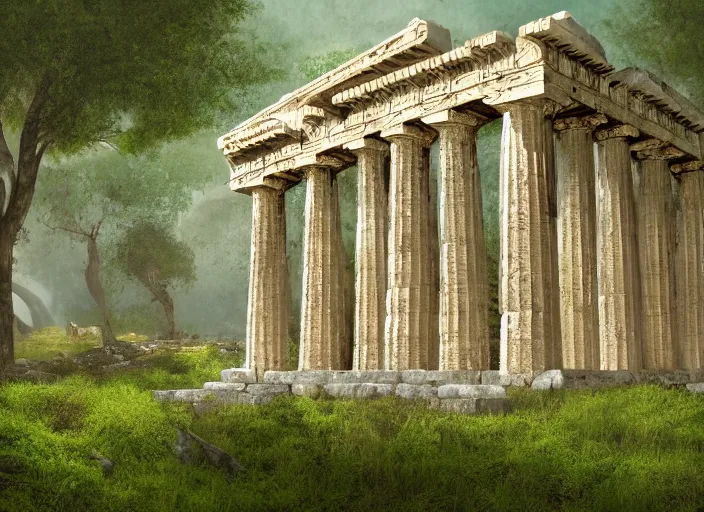 Prompt: A detailed illustration of Temple of Hephaistos, overgrown with moss, 4k, immaculate scale, trending on Artstation