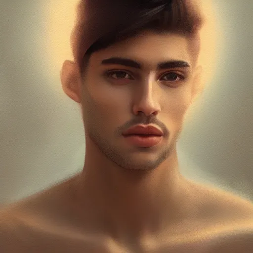 Image similar to ethereal aesthetic painting of a beautiful man with tan skin and short dark hair, clean shaven, angelic, 4k, trending on artstation