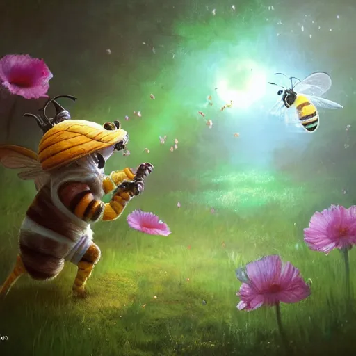 Image similar to A cute Bee in a garden, huggy wuggy from poppy playtime video game, fullbody, ultra high detailed, glowing lights, oil painting, Greg Rutkowski, Charlie Bowater, Beeple, unreal 5, DAZ, hyperrealistic, octane render, RPG portrait, dynamic lighting, fantasy art, beautiful face