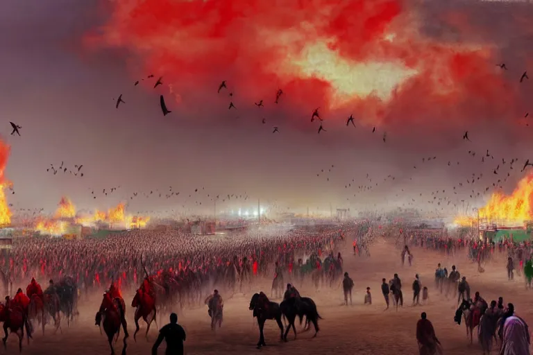 Image similar to karbala battle field, imam hussain, horses and people panicked, red cloudy sky, tents on fire, women running away, photo realistic painting