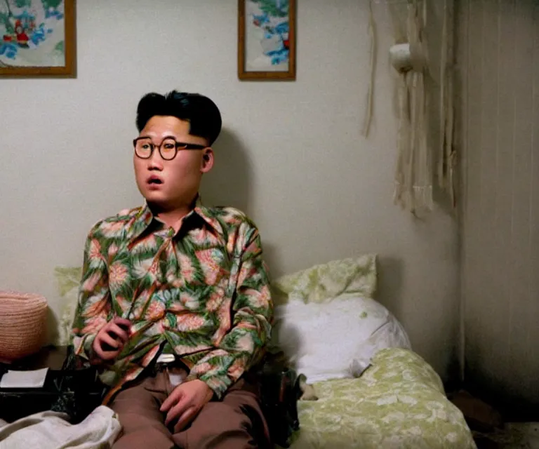 Image similar to hyperralism pineapple express movie still photography of detailed north korean kim chen with detailed face smoking weed in basement bedroom photography by araki nobuyoshi