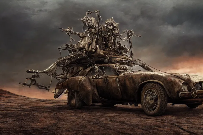 Prompt: full color hd photo of a mad max vehicle, octane render 4 k, by hieronymus bosch, joel peter witkin, annie liebovitz. gustave dore, hr giger, zdzisław beksinski, epic, artstation, cgisociety, weta, disney