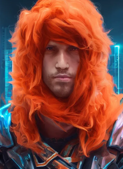 Image similar to cyberpunk portrait of a curly orange hair man as a champion from league of legends, au naturel, hyper detailed, digital art, trending in artstation, cinematic lighting, studio quality, smooth render, unreal engine 5 rendered, octane rendered, art style by pixar dreamworks warner bros disney riot games and arcane.