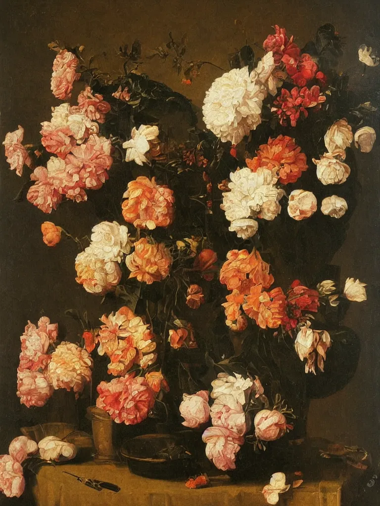 Image similar to painting, Dutch style, old masters, still life with flowers,