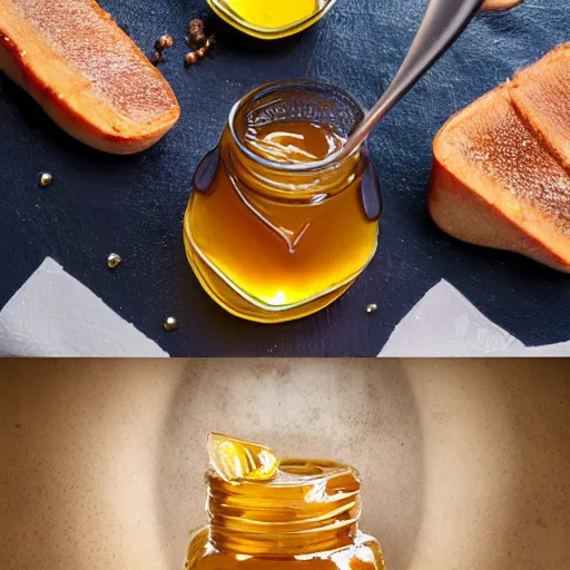 Image similar to honey splashing into honey, hyper realistic, award winning food photography