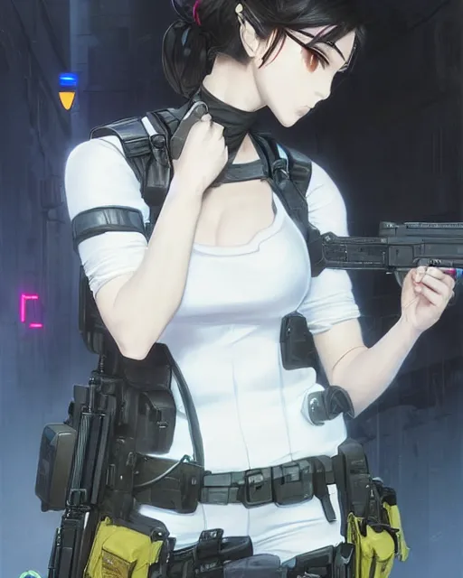 Image similar to anime key visual of a young female swat officer, neon, cyberpunk, futuristic, white top, black vest, stunning, highly detailed, digital painting, artstation, smooth, soft focus, illustration, art by artgerm and greg rutkowski and alphonse mucha