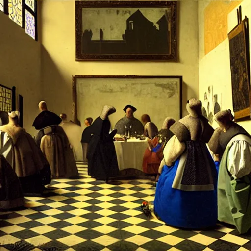 Image similar to a large wedding reception, lots of people, illustrated by johannes vermeer