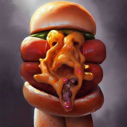 Image similar to doom eternal eating an hot dog, mutant in a shape of a burger, tubes fused with the body, painted by stanley lau, painted by greg rutkowski, painted by stanley, artgerm, masterpiece, digital art, trending on arts