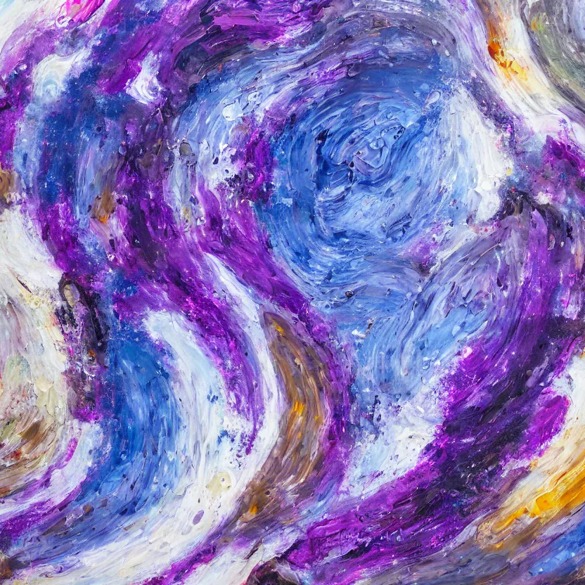 Image similar to abstract multiple layers of purple and blue shades paint dripping and running in multiple circular patterns, oil on canvas, detailed