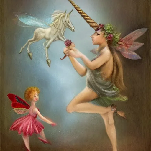 Prompt: a fairy dancing with a unicorn