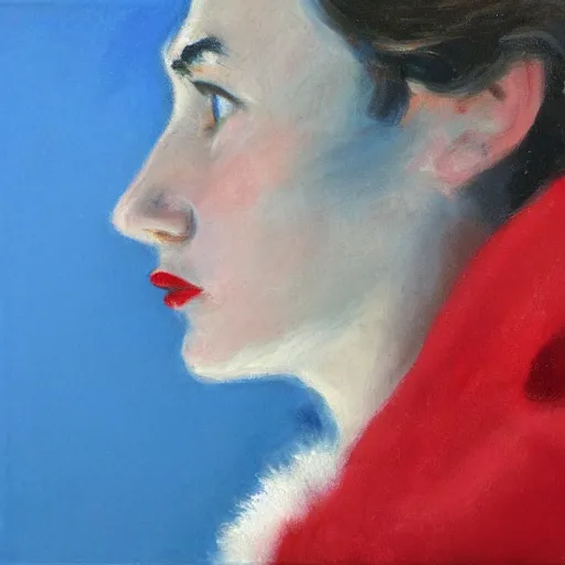 Prompt: profile portrait in antarctic realist style ( 1 9 5 4 ), cerulean blue, cadmium red, zinc white, modeled lighting, detailed, expressive, shadows