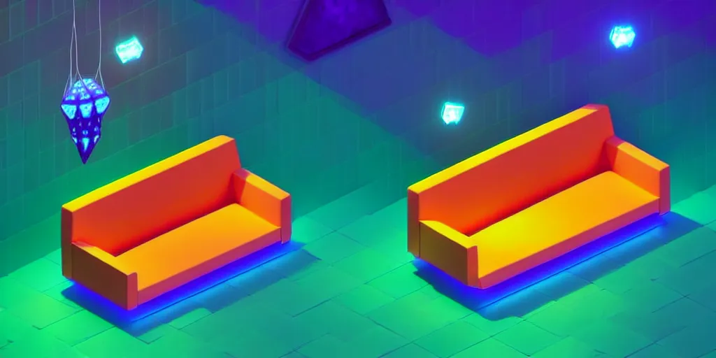Image similar to isometric object is a low poly isometric sofa with an alien aesthetic inspired by pandora in the avatar movie, it has bioluminescent plants growing around it, cartoonish style but with beautiful orange - yellow with blue hints and it's bedecked with some sparkling crystals. a dark place, night isometric ambient black background neon. behance, pinterest artstation