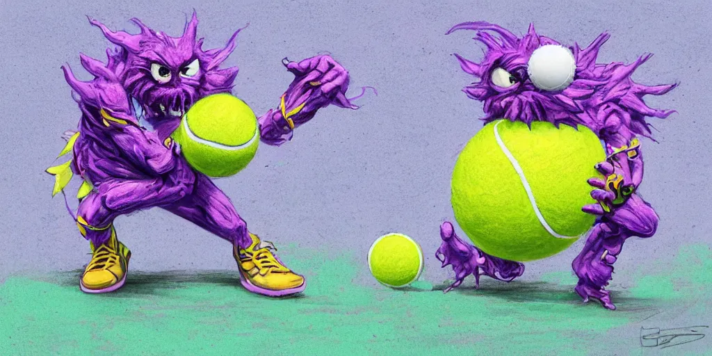 Image similar to tennis ball monsters playing on a tennis court, tennis court, purple, digital art, fantasy, magic, chalk, chalked, trending on artstation, ultra detailed, detailed, fine details, professional illustration by basil gogos