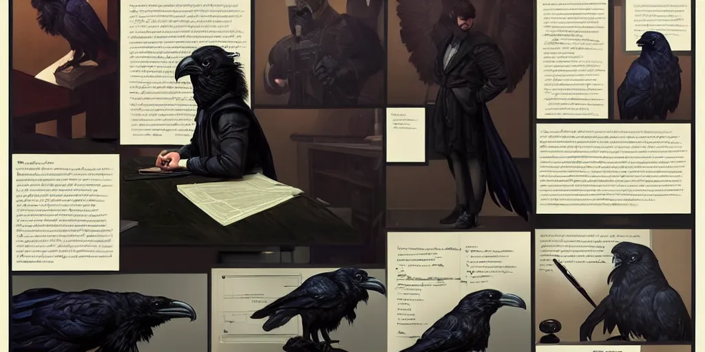 Image similar to a scholarly raven is seen writing at his desk. character sheet, character design, contrast, deep focus, turnaround, highly detailed, dramatic lighting, digital painting, artstation, concept art, matte, sharp focus, illustration, elegant, art by artgerm and greg f and alphonse mucha.