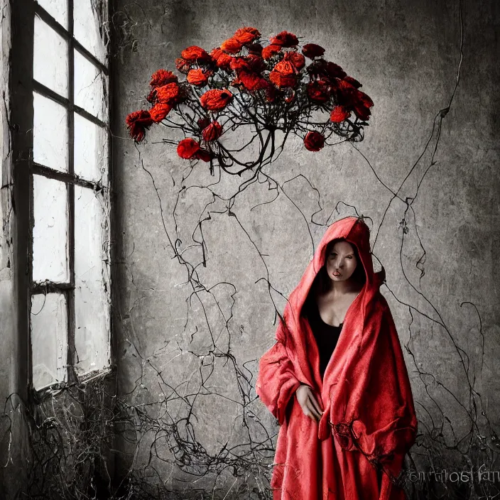 Image similar to a woman wearing a hooded cloak made of zinnias and barbed wire, in a derelict house, by Zhang Jingna, natural light, detailed face, CANON Eos C300, ƒ1.8, 35mm, 8K, medium-format print