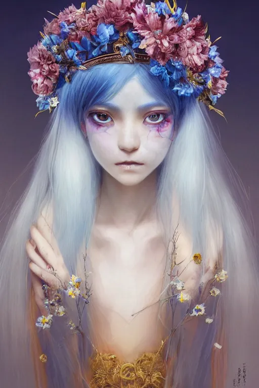 Prompt: a pale Ute Japanese girl with white hair, floral crown, sad blue eyes, cinematic lighting, ultra detailed, highly detailed, sharp focus, golden background with flowers, golden jewellery with blue sapphires, photographic, art by artgerm and greg rutkowski and zdislav beksinski