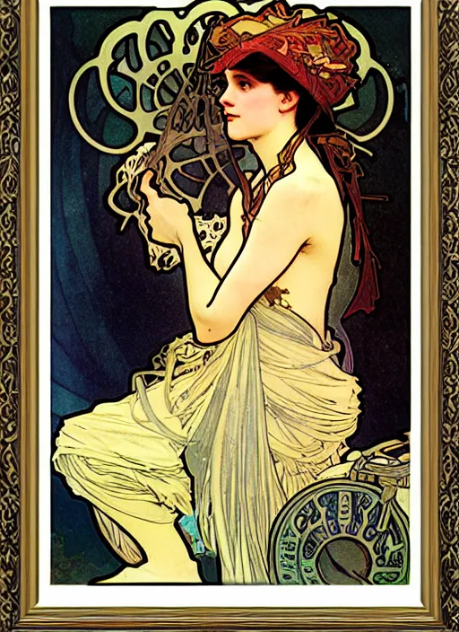 Prompt: a portrait of a pretty sewer punk young lady by alphonse mucha