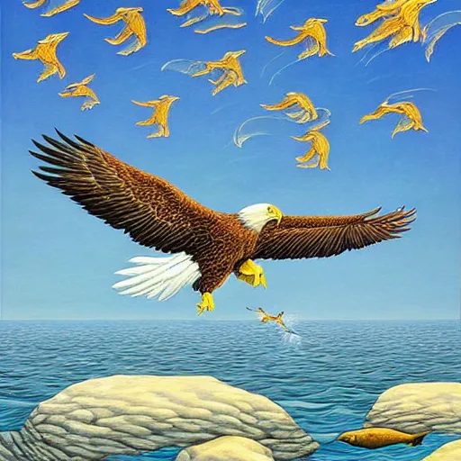 Image similar to A beautiful painting of eagle flying the sky and fish in the shallows, by Rob Gonsalves