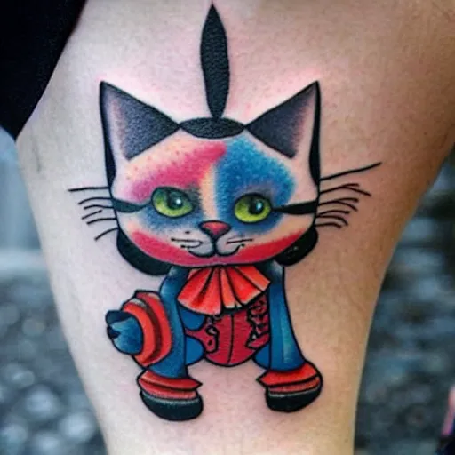 Image similar to adorable cat dressed as a clown tattoo design