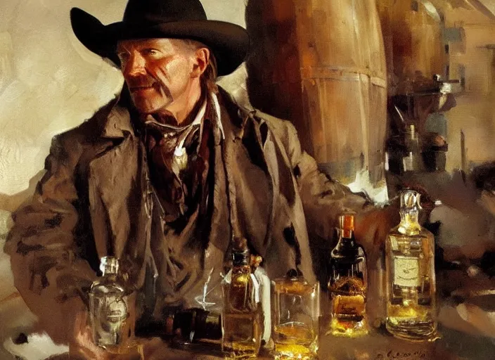 Prompt: oil painting of old rugged cowboy with whiskey bottle and gun, art by anders zorn, wonderful masterpiece by greg rutkowski, beautiful cinematic light, american romanticism by greg manchess