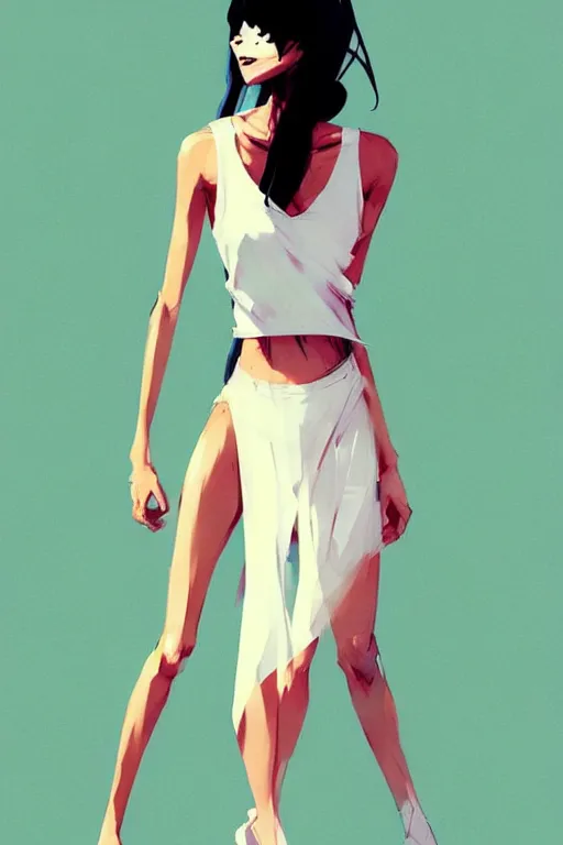 Prompt: a ultradetailed full body portrait of a woman dressed in a white tank top, by conrad roset, greg rutkowski and makoto shinkai trending on artstation