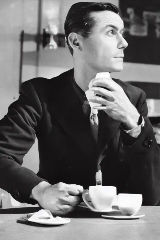 Image similar to a 5 0's detective having a cup of coffee