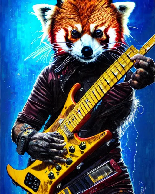 Prompt: a portrait of an anthropomorphic cyberpunk red panda shredding an electric guitar by sandra chevrier, by jon foster, detailed render, electric guitar, epic composition, cybernetics, 4 k realistic, cryengine, realistic shaded lighting, sharp focus, masterpiece, by enki bilal