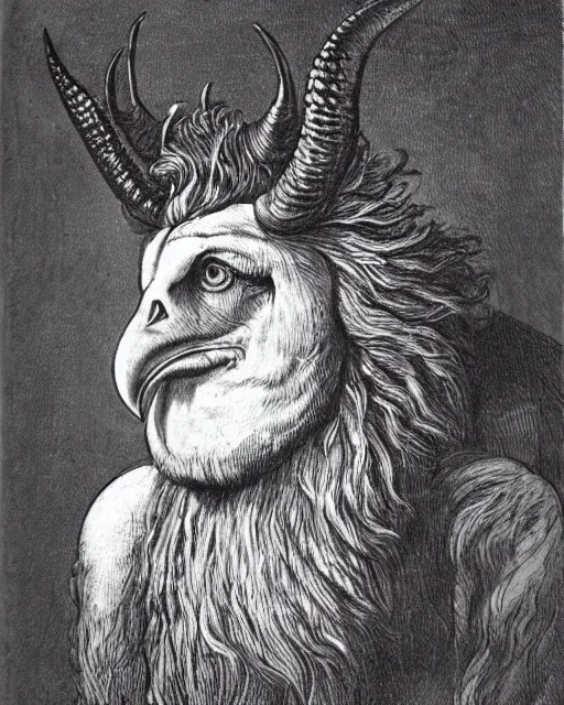 Image similar to a creature with the body and eyes of a man, with the beak of an eagle, the mane of a lion, and the horns of an ox. drawn by francis bacon