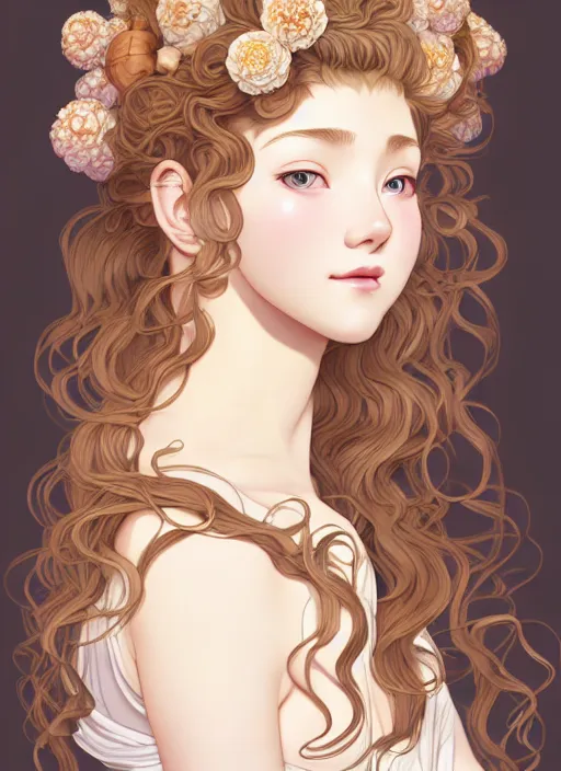 Image similar to young blond girl, goddess of pearls and peonies, with long curly, hazelnut hair, perfectly proportioned face, brown eyes, sweet smile, strong jawline,, natural lighting, path traced, highly detailed, high quality, cartoon, digital painting, by new haicheng and studio ghibli and alphonse mucha