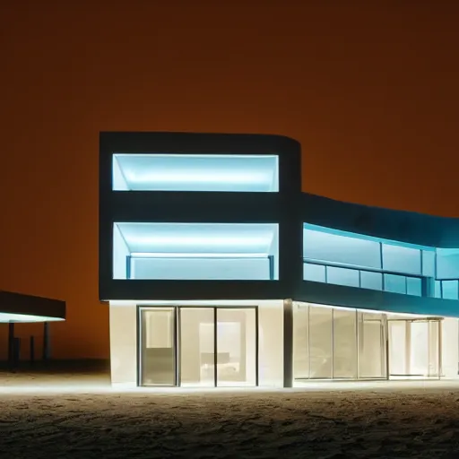 Prompt: building in a desert at night, minimalist architecture, neon lights, james turrel,