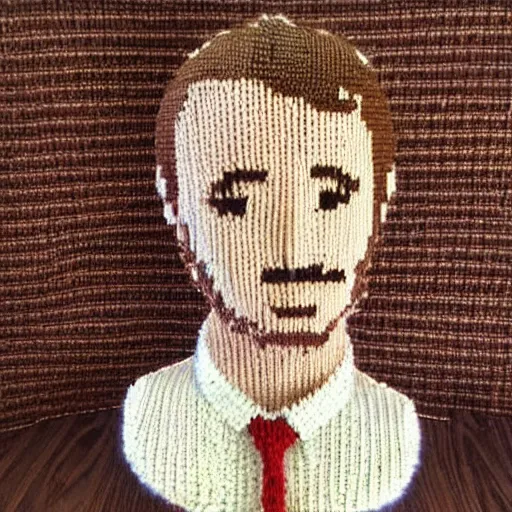 Image similar to Knitted from yarn Ryan Gosling is sitting on a rocking chair, realism, proportions,