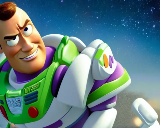 Image similar to Film still close-up shot of Dwayne Johnson as Buzz Lightyear in the movie Toy Story 3. Photographic, photography