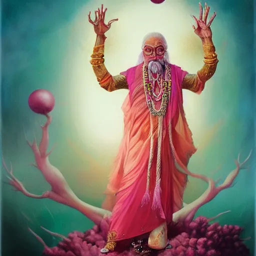 Image similar to wise old Indian guru, multiple arms, pink and gold , by Anato Finnstark, Tom Bagshaw, Brom