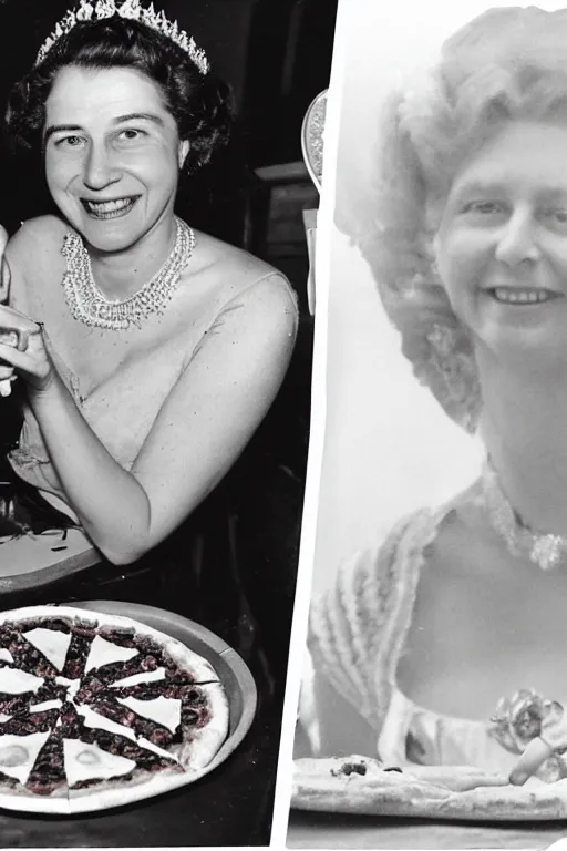 Image similar to historical photo of queen margherita ( savoy ) smiling seductively at her pizza margherita, closeup photo, portrait photo, diffuse light, acclaimed masterpiece
