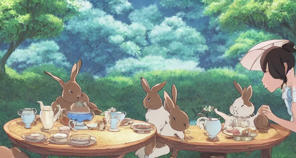 Prompt: 3 bunnies having a tea party, by studio ghibli, makoto shinkai, beautiful nature illustration