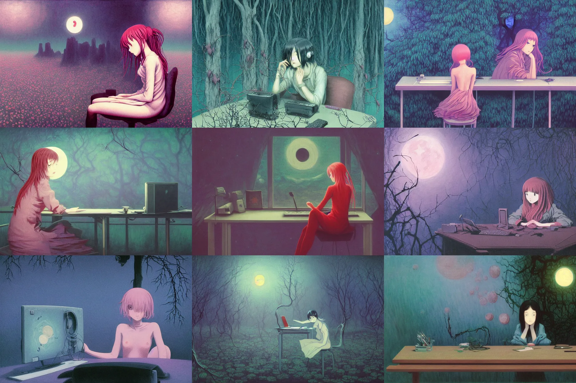 Prompt: gloomy eerie retro anime girl sitting at computer desk in a blue landscape at night, overgrown with trees and thorns. the sea is pink. bright moon in the sky, glowing moonlight in the darkness, strange ethereal being, sad eyes, Zdislaw Beksinski, Yoshitaka Amano, beautiful painting by claude monet, highly detailed textured 8k