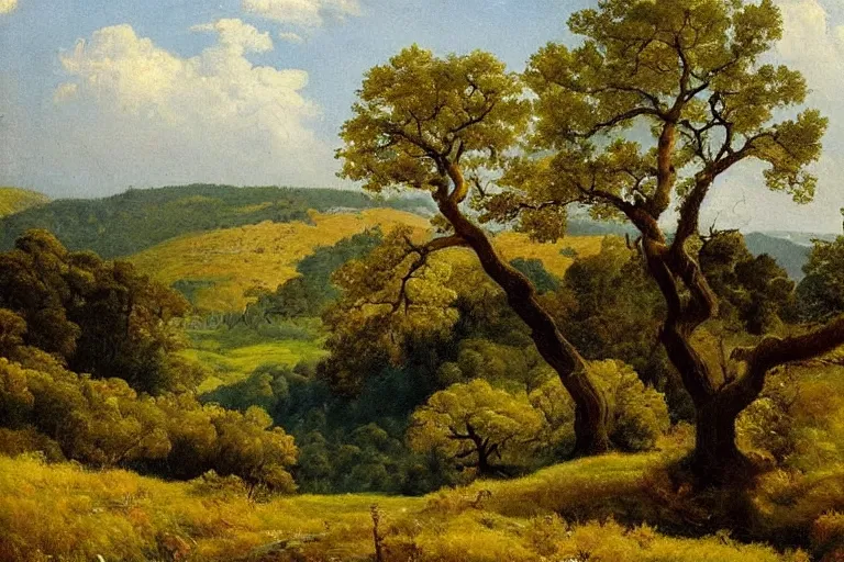 masterpiece painting of oak trees on a hillside | Stable Diffusion