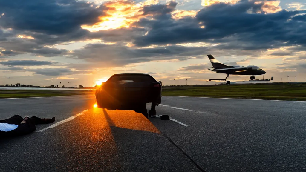 Image similar to movie still of a man laying on top of a car driving on the runway of an airport, sunset, golden hour