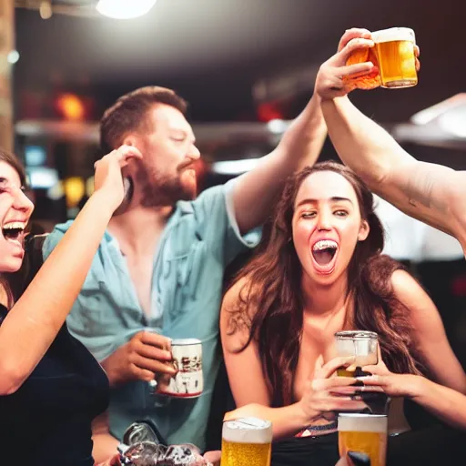 Prompt: professional brand photographs people drinking beer and having fun, dramatic lighting, hyperrealistic medium format camera, 8 k