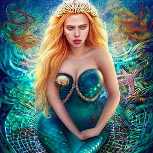 Image similar to “Scarlett Johansson portrait, fantasy, mermaid, cartoon, pearls, glowing hair, shells, gills, crown, water, highlights, starfish, goddess jewelry, realistic, digital art, pastel, magic, fiction, ocean, game”