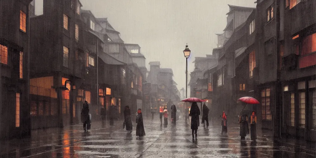 Prompt: a typical japanese city street in the rain, vermeer painting, dark academia aesthetic, matte painting, photorealistic, grey overcast day, by gerard brom