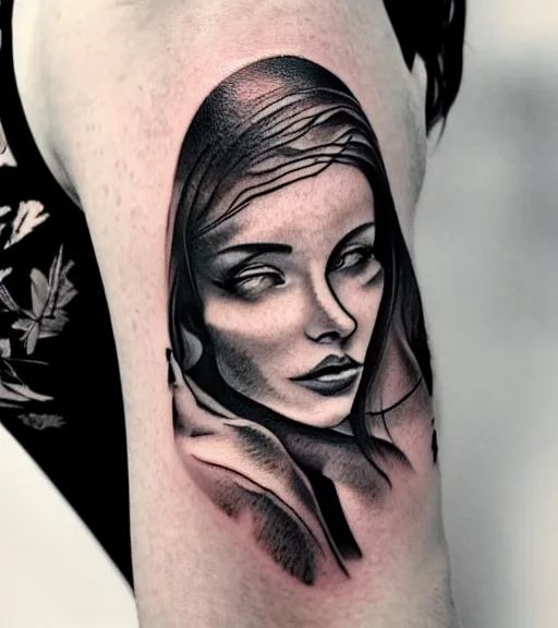 Image similar to tattoo design sketch of a beautiful woman face with a faded background of beautiful mountains and nature on her side, hyper - realistic, in the style of den yakovlev, amazing detail, black and white