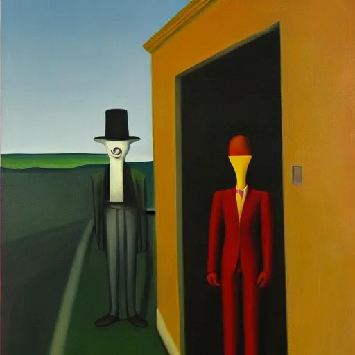 Image similar to slenderman, lurking in the shadows, mind control, dystopian, pj crook, edward hopper, oil on canvas