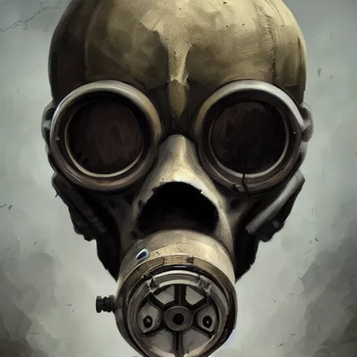 Image similar to a portrait painting of a skull wearing a gasmask, digital painting, hyper realistic, very detailed, in the style of greg rutkowski,